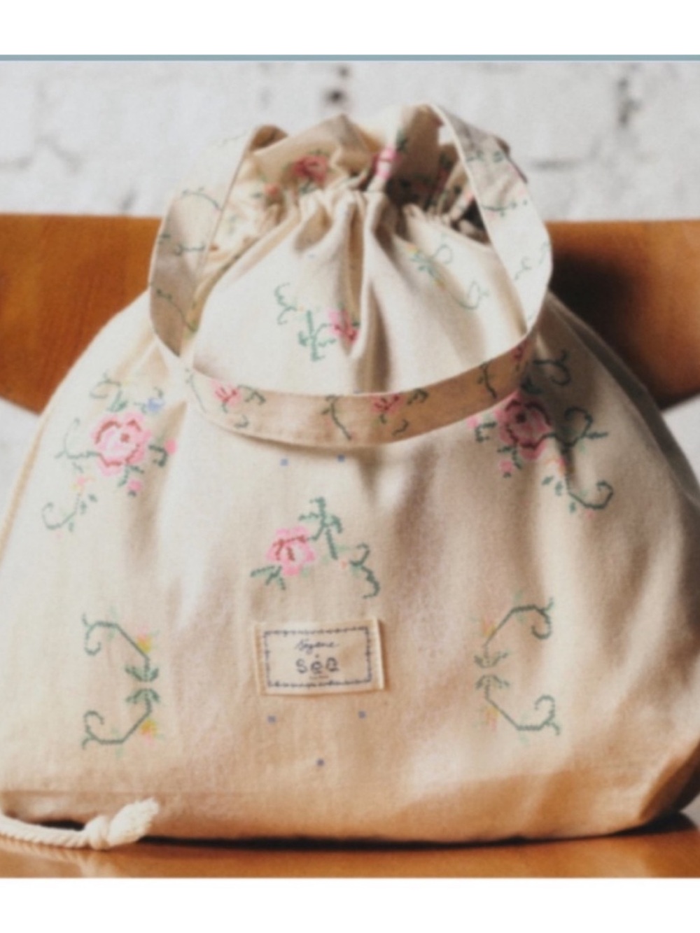 Sezane x Sea Floral Embroidered Drawstring Tote Ltd Edition - Cream